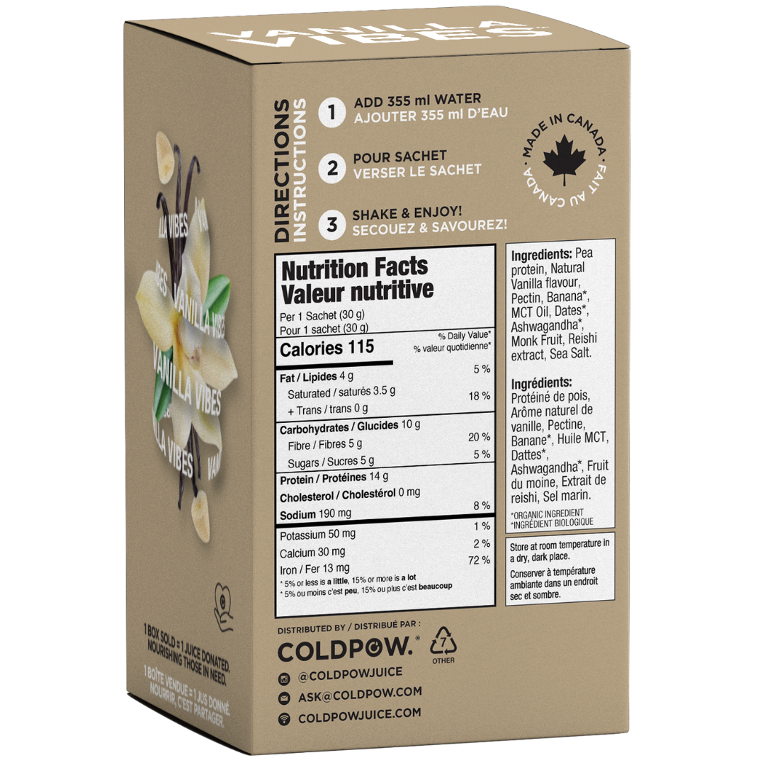 COLDPOW Vanilla Vibes Nutrition Facts: Calories 115, protein, ingredients, directions.